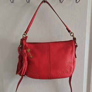 Fossil Red Leather Shoulder Bag with Gold Accents